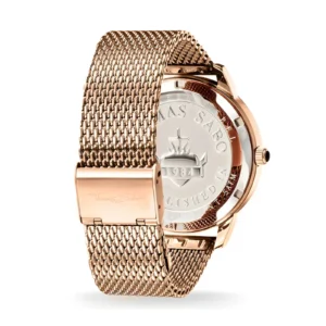 Close-up of a rose gold Thomas Sabo watch with a mesh band, showcasing the engraved logo and elegant design on the watch back.