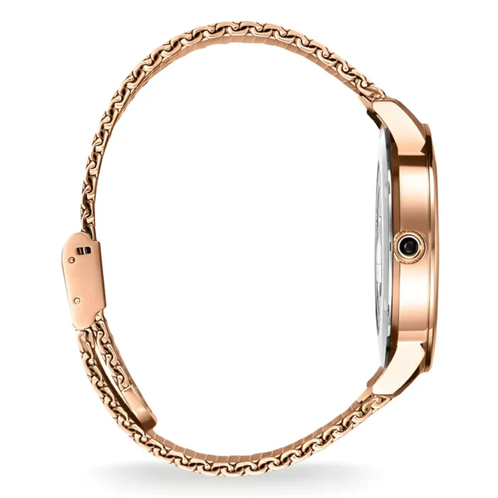 Rose gold watch featuring a sleek case, a detailed face, and a delicate chain bracelet, viewed from the side.