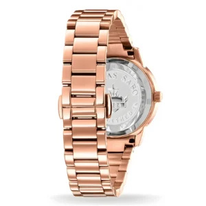 A stylish rose gold watch with a sleek bracelet design and a polished silver dial, showcasing modern elegance.
