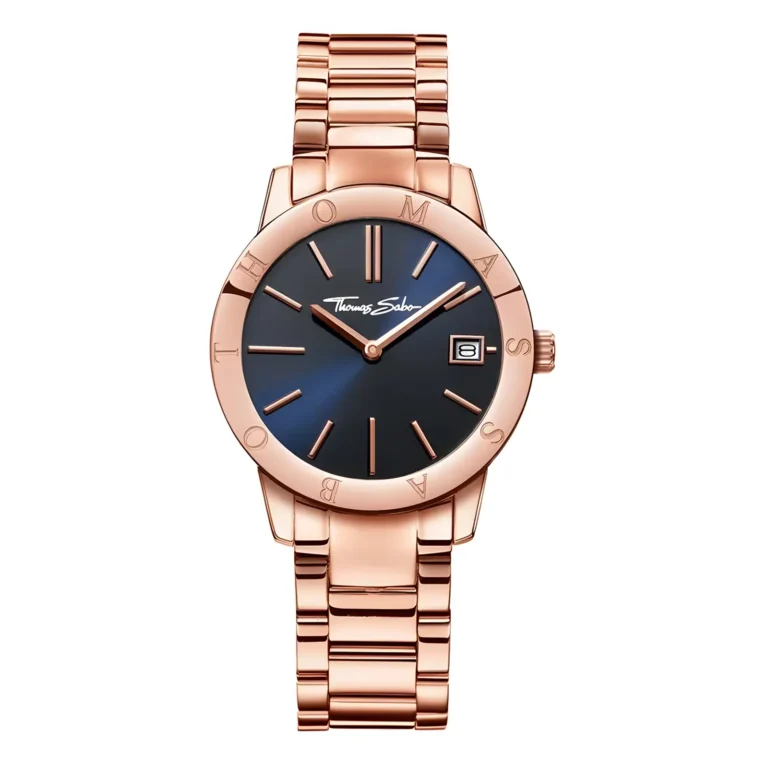 Rose gold wristwatch by Thomas Sabo featuring a blue dial, date window, and a stylish link bracelet. Elegant and modern design.
