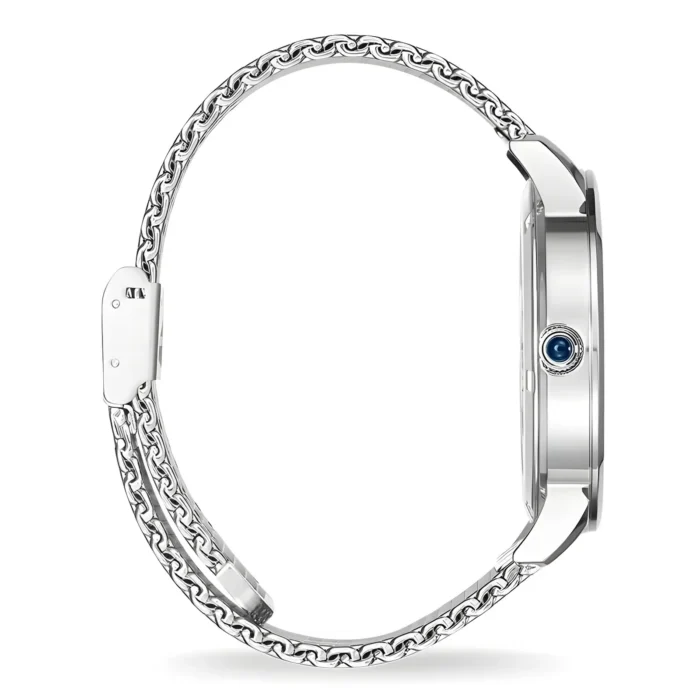 Elegant silver watch with a chain-link bracelet, featuring a blue gemstone at the crown, shown from a side angle.