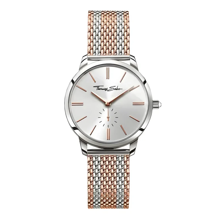 Elegant Thomas Sabo watch featuring a silver face, rose gold accents, and a two-tone mesh strap.