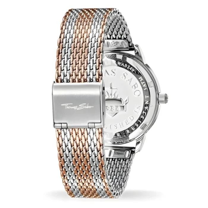 A stylish Thomas Sabo watch featuring a dual-tone silver and rose gold mesh band and a polished clasp.