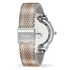 A stylish Thomas Sabo watch featuring a dual-tone silver and rose gold mesh band and a polished clasp.
