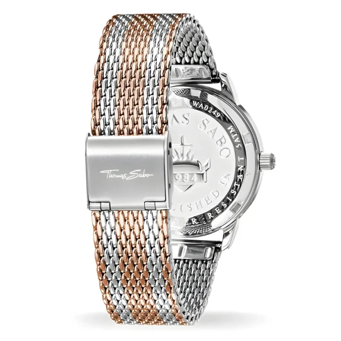 A stylish Thomas Sabo watch featuring a dual-tone silver and rose gold mesh band and a polished clasp.