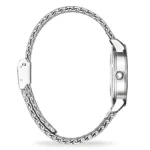 Side view of a sleek silver watch featuring a chain-link band and a simple, elegant round face with a single crown.