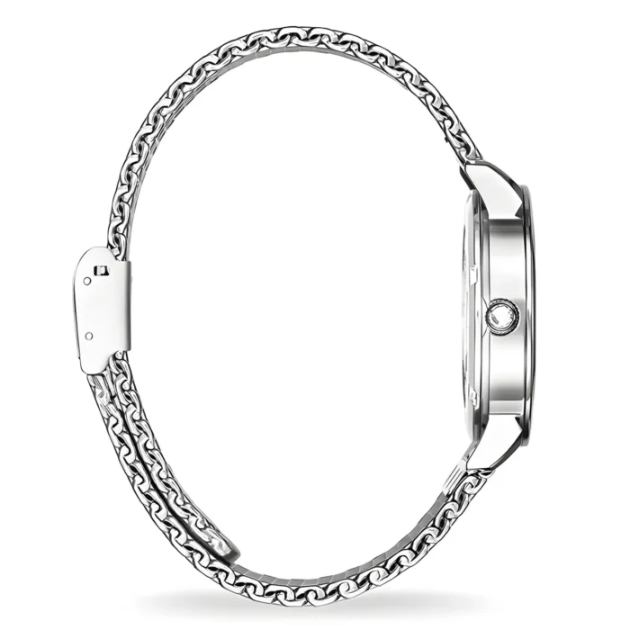 Side view of a sleek silver watch featuring a chain-link band and a simple, elegant round face with a single crown.