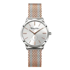 Elegant Thomas Sabo watch featuring a silver face, rose gold accents, and a two-tone mesh strap.
