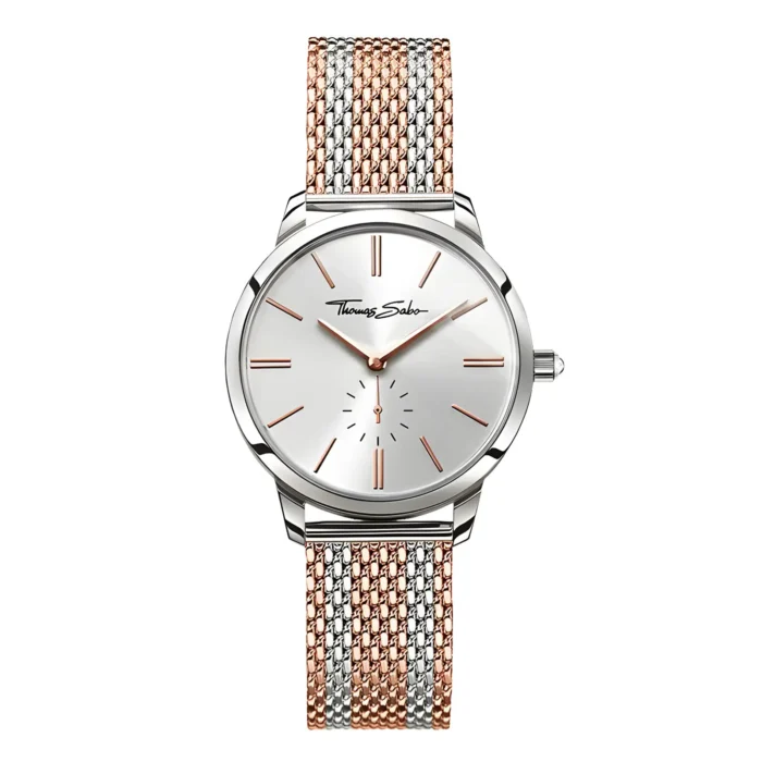 Elegant Thomas Sabo watch featuring a silver face, rose gold accents, and a two-tone mesh strap.