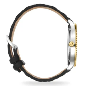 Side view of an elegant wristwatch featuring a silver case, gold crown, and a black braided leather strap