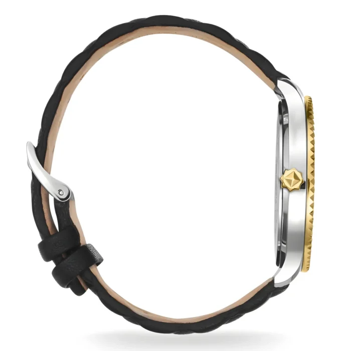 Side view of an elegant wristwatch featuring a silver case, gold crown, and a black braided leather strap