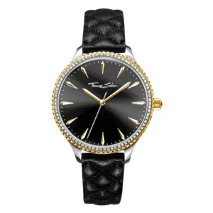 Elegant black watch by Thomas Sabo featuring a golden bezel, diamond accents, and a braided black leather strap