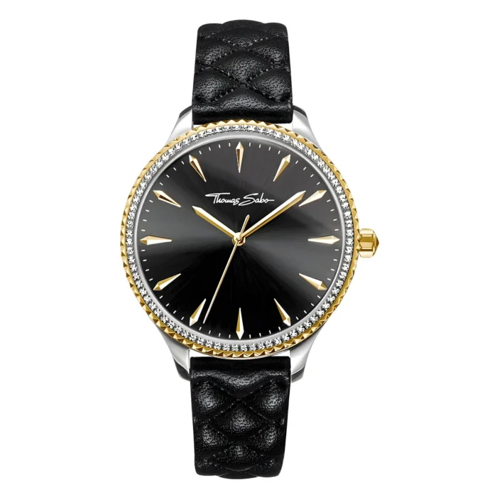 Elegant black watch by Thomas Sabo featuring a golden bezel, diamond accents, and a braided black leather strap
