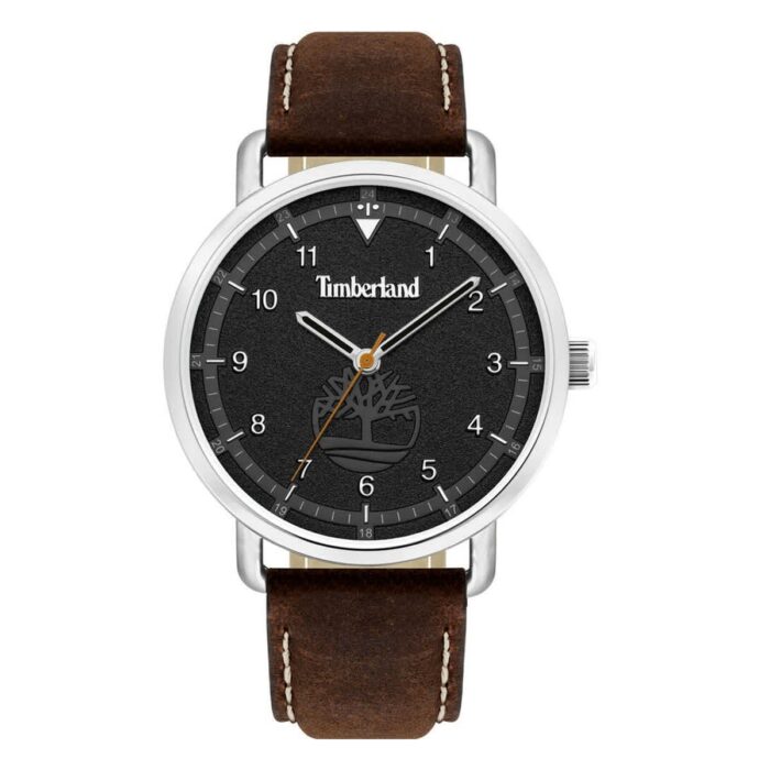 Timberland men's watch with a black textured dial, silver hour markers, orange details, and a brown leather strap.