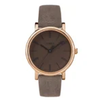 A Timex watch featuring a rose gold case, brown dial, and textured gray leather strap, showcasing a sleek and modern design.