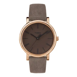 A Timex watch featuring a rose gold case, brown dial, and textured gray leather strap, showcasing a sleek and modern design.