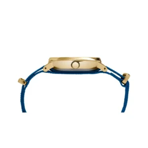 Close-up of a gold wristwatch featuring a blue woven strap and a crown for adjusting time, highlighting its elegant design.