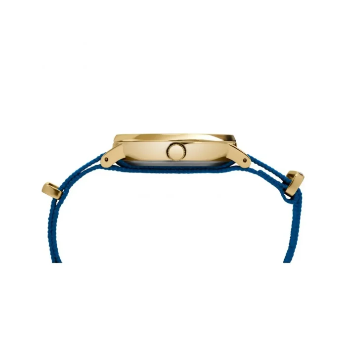 Close-up of a gold wristwatch featuring a blue woven strap and a crown for adjusting time, highlighting its elegant design.