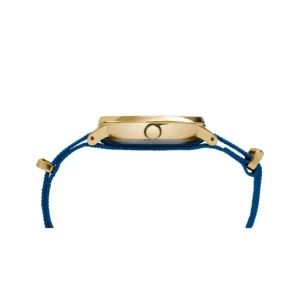 Close-up of a gold wristwatch featuring a blue woven strap and a crown for adjusting time, highlighting its elegant design.
