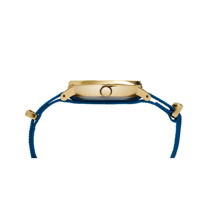 Close-up of a gold wristwatch featuring a blue woven strap and a crown for adjusting time, highlighting its elegant design.