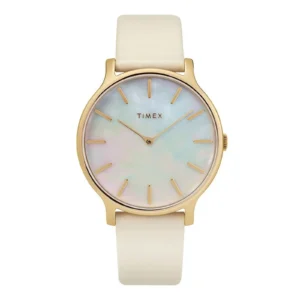 A gold Timex watch with a shimmering mother-of-pearl dial and minimalist design, featuring a cream leather strap.