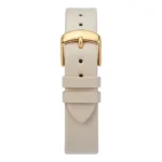 Beige leather watch strap with gold-tone buckle and two keeper loops, featuring multiple adjustment holes for a secure fit.