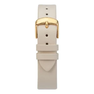 Beige leather watch strap with gold-tone buckle and two keeper loops, featuring multiple adjustment holes for a secure fit.