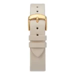 Beige leather watch strap with gold-tone buckle and two keeper loops, featuring multiple adjustment holes for a secure fit.