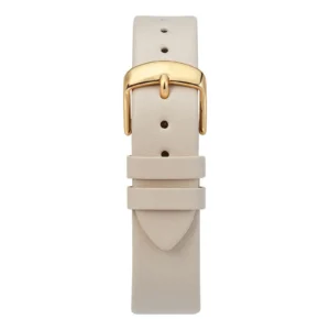 Beige leather watch strap with gold-tone buckle and two keeper loops, featuring multiple adjustment holes for a secure fit.