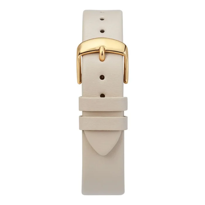 Beige leather watch strap with gold-tone buckle and two keeper loops, featuring multiple adjustment holes for a secure fit.