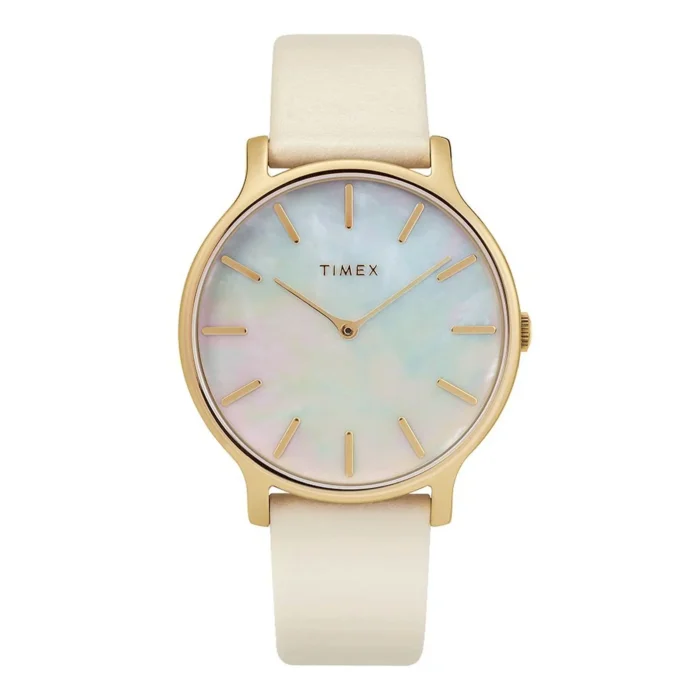 A gold Timex watch with a shimmering mother-of-pearl dial and minimalist design, featuring a cream leather strap.