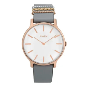 A stylish Timex watch featuring a white dial, rose gold accents, and a sleek gray strap, perfect for modern elegance.