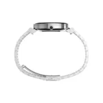 Profile view of a sleek, silver-tone watch with a minimalist design and a polished bracelet band.