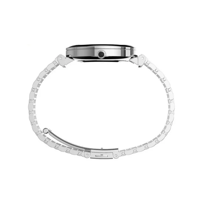 Profile view of a sleek, silver-tone watch with a minimalist design and a polished bracelet band.
