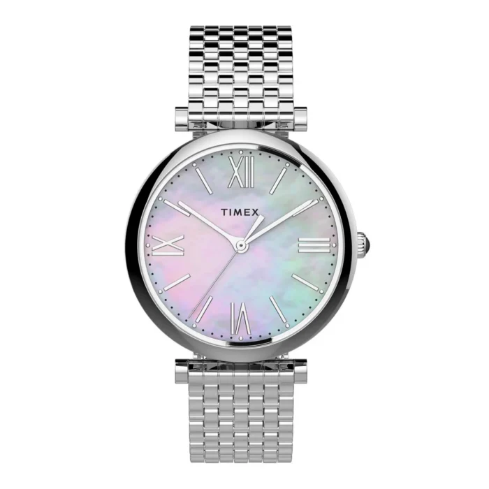 A sleek Timex watch with a silver mesh band and a lustrous iridescent face featuring Roman numerals and silver hands.