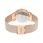 Close-up view of a Timex watch featuring a rose gold mesh band and rear casing with brand details visible.