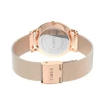 Close-up view of a Timex watch featuring a rose gold mesh band and rear casing with brand details visible.