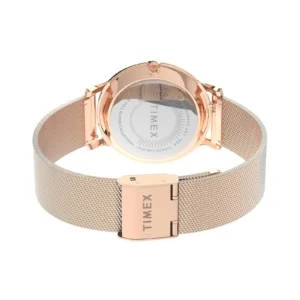 Close-up view of a Timex watch featuring a rose gold mesh band and rear casing with brand details visible.