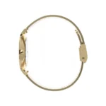 A sleek gold mesh strap watch with a round white face, featuring a minimalist design and a secure closure.