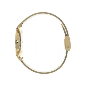 A sleek gold mesh strap watch with a round white face, featuring a minimalist design and a secure closure.