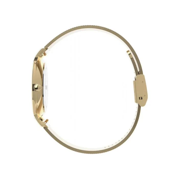 A sleek gold mesh strap watch with a round white face, featuring a minimalist design and a secure closure.