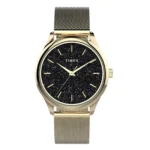 Elegant Timex watch with a shimmering black glitter dial and gold-tone mesh band, showcasing minimalist style and sophistication.