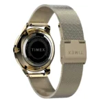 Back view of a gold Timex watch featuring a black dial, mesh strap, and engraved details highlighting its design and craftsmanship.