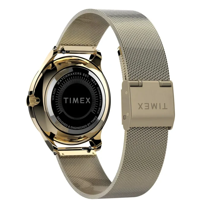 Back view of a gold Timex watch featuring a black dial, mesh strap, and engraved details highlighting its design and craftsmanship.