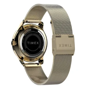 Back view of a gold Timex watch featuring a black dial, mesh strap, and engraved details highlighting its design and craftsmanship.