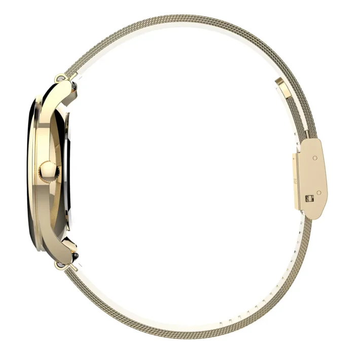 Elegant gold watch with a black dial, featuring a mesh band and a sleek profile, showcasing its refined design and craftsmanship.