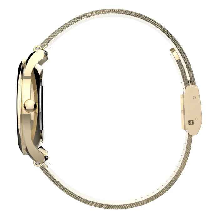 Elegant gold watch with a black dial, featuring a mesh band and a sleek profile, showcasing its refined design and craftsmanship.