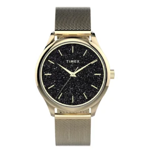 Elegant Timex watch with a shimmering black glitter dial and gold-tone mesh band, showcasing minimalist style and sophistication.