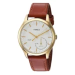 Gold-tone Timex watch with a white dial, activity tracker, and brown leather strap. Elegant and modern design for everyday wear.
