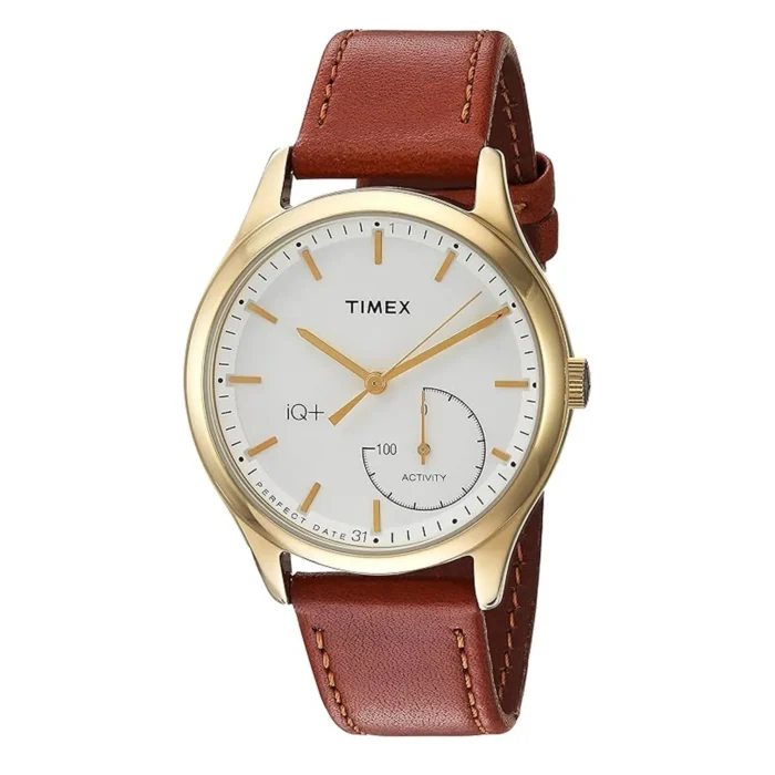 Gold-tone Timex watch with a white dial, activity tracker, and brown leather strap. Elegant and modern design for everyday wear.